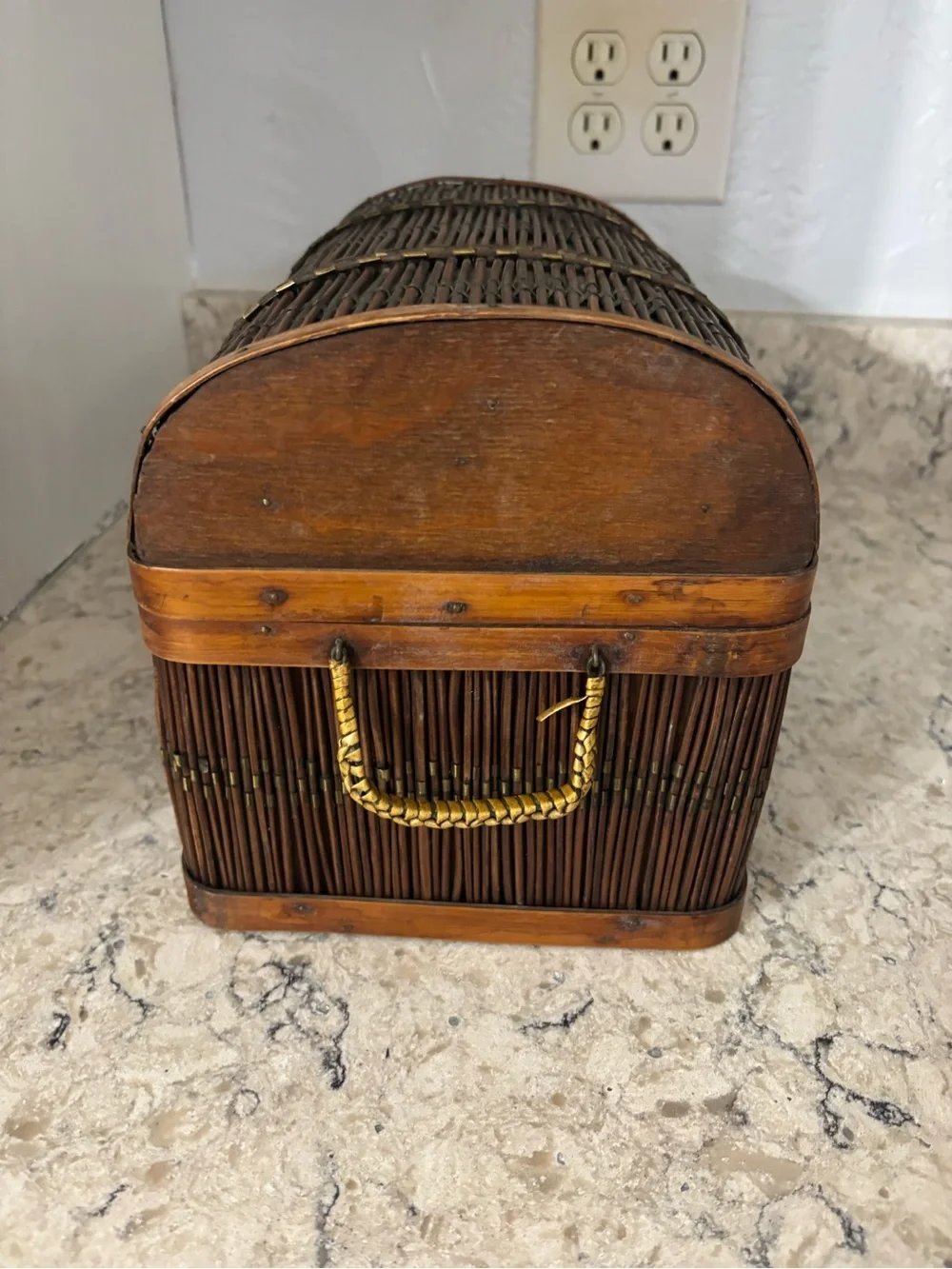 Vintage Wicker and Wood Domed Treasure Chest Trinket Box Storage Decor